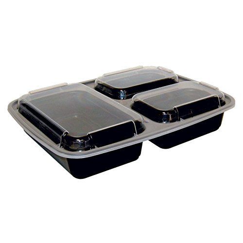  A World Of Deals 3-Compartment Microwave Safe Food Container with Lid/Divided Plate/Bento Box/Lunch Tray with Cover, Black, 20 Pack plus 5 Bonus by A World of Deals