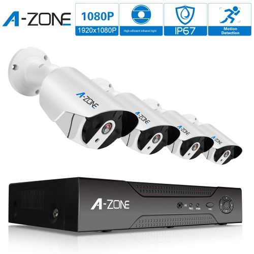  Security Camera System, A-ZONE 8 Channel NVR 4x1080P HD IP PoE OutdoorIndoor 3.6mm Fixed Lens IP67 Waterproof Bullet Cameras with IR Night Vision LEDs Home CCTV Video Surveillance