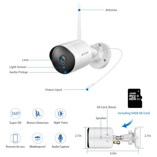  A-ZONE Wireless Two-Way Audio Outdoor Surveillance IP Camera - HD 3MP 1536P Bullet Camera 2.4G IP66 Waterproof Camera with 50ft Night Vision, Motion Detection Alarm/Recordin, Including 64