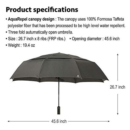  A.Brolly Large Windproof Umbrella Folds Into Portable Travel Size - 54 Inch Double Vented Canopy Big Enough To Fit In 2 Adults - Auto Open Close (Black)