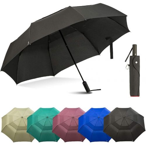  A.Brolly Large Windproof Umbrella Folds Into Portable Travel Size - 54 Inch Double Vented Canopy Big Enough To Fit In 2 Adults - Auto Open Close (Black)