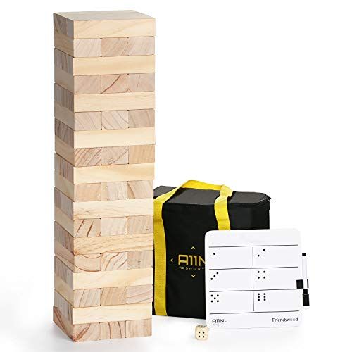  A11N SPORTS A11N Large Tumble Tower Game 54 Blocks, Starts at 1.5 Feet Tall and Build to 3 Feet Tall Wooden Stacking Yard Game with Carrying Bag, Rules Board, 1 Dice