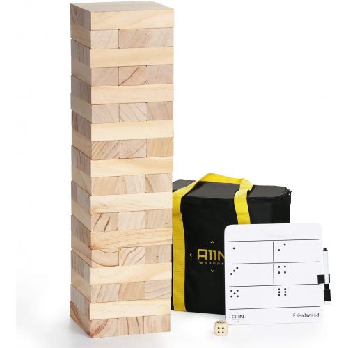  A11N SPORTS A11N Large Tumble Tower Game 54 Blocks, Starts at 1.5 Feet Tall and Build to 3 Feet Tall Wooden Stacking Yard Game with Carrying Bag, Rules Board, 1 Dice