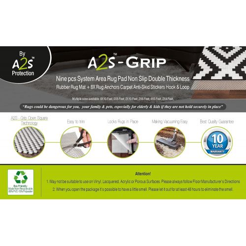  A2S Protection A2S-Grip Area Rug Pad Non Slip 2X Thickness: 9pcs System Rubber Rug Mat + 8X Rug Anchors Extremely Strong Hold No Residue Carpet Anti-Skid Stickers Hook & Loop (5X8-Feet)