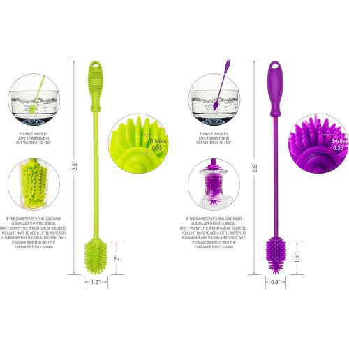  [아마존베스트]A2S Protection A-Brush Silicone Bottle Brush Cleaner BPA Free - FDA Cert Long Handle Baby Bottle Nipple Brush Ideal for Glass & Plastic Water Bottles Tumblers (Set of 2pcs Green/Purple)