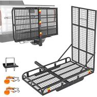 Hitch Mount Steel Cargo Carrier Basket with 49'' Folding Wheelchair Ramp, Fits 2'' Trailer Mounted Hitches