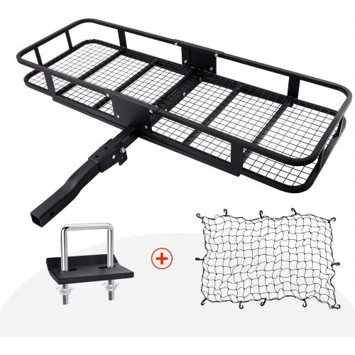  AA Products Inc. Hitch Mount Cargo Carrier with Cargo Net and Anti rattle Stabilizer 60 x 21 x 6 Folding Cargo Basket with 500 LB Capacity Fits 2 Receiver for Car SUV Pickup (USPTO Patent Pending)