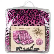AAC 13 pc Safari Leopard Pink Print Seat Cover Set 2 Lowback Seat Covers, 2 Front and 2 Rear Floor mats, 1 Bench Cover, 1 Wheel Cover and 2 Shoulder Pads - Leopard Pink
