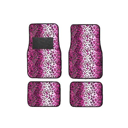  AAC 13 pc Safari Leopard Pink Print Seat Cover Set 2 Lowback Seat Covers, 2 Front and 2 Rear Floor mats, 1 Bench Cover, 1 Wheel Cover and 2 Shoulder Pads - Leopard Pink