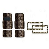 AAC 6-Piece Animal Print Automotive Interior Gift Set - A Set of 4 Universal Fit Leopard Tan Carpet Floor Mats for Cars / Truck and 2 Leopard Tan Plastic License Plate Frames
