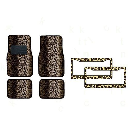  AAC 6-Piece Animal Print Automotive Interior Gift Set - A Set of 4 Universal Fit Leopard Tan Carpet Floor Mats for Cars / Truck and 2 Leopard Tan Plastic License Plate Frames