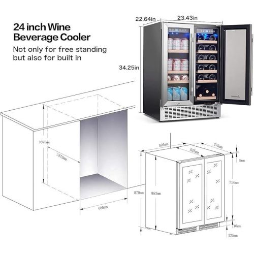  AAOBOSI 24 Inch Wine and Beverage Refrigerator - 19 Bottles & 57 Cans Capacity Wine Cooler with Dual Zone - Wine Fridge Built in Counter or Freestanding - 2 Safety Locks and Blue Interior Light