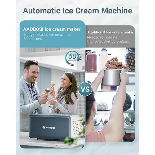  AAOBOSI 1.6 Quart Ice Cream Maker Machine with 4 Modes,No Pre-Freezing with Built-in Compressor,Frozen Yogurt,Home Ice Cream Maker,Long-lasting Cooling,LCD Digital Display,Timer,Stainless Steel