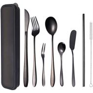 [아마존베스트]AARainbow Stainless Steel Flatware Set Portable Reusable Cutlery Set Travel Utensils Set Including Chopsticks Knife Fork Spoon Straws Cleaning Brush Dishwasher Safe (B- 8 Black)