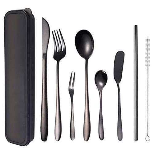  [아마존베스트]AARainbow Stainless Steel Flatware Set Portable Reusable Cutlery Set Travel Utensils Set Including Chopsticks Knife Fork Spoon Straws Cleaning Brush Dishwasher Safe (B- 8 Black)