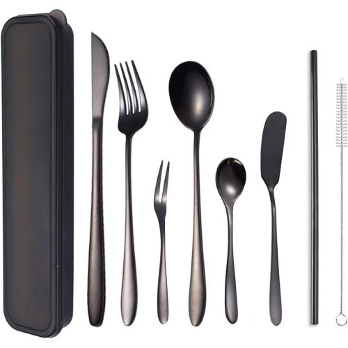  [아마존베스트]AARainbow Stainless Steel Flatware Set Portable Reusable Cutlery Set Travel Utensils Set Including Chopsticks Knife Fork Spoon Straws Cleaning Brush Dishwasher Safe (B- 8 Black)