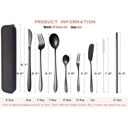  [아마존베스트]AARainbow Stainless Steel Flatware Set Portable Reusable Cutlery Set Travel Utensils Set Including Chopsticks Knife Fork Spoon Straws Cleaning Brush Dishwasher Safe (B- 8 Black)