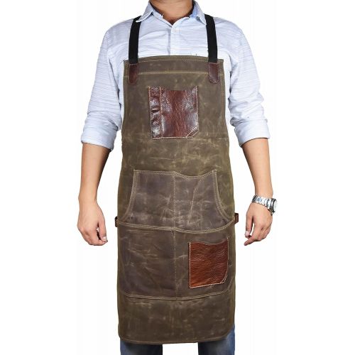  AARON LEATHER GOODS VENDIMIA ESTILO One Size Fits Utility Apron Adjustable Cross-Back Straps Multi-Use Shop Apron With Tool Pockets By Aaron Leather Goods (Green, Canvas Leather)
