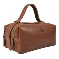 AARON LEATHER GOODS VENDIMIA ESTILO Leather Toiletry Bag for Men Dual Zipper with Handle and 2 Compartment (Caramel)