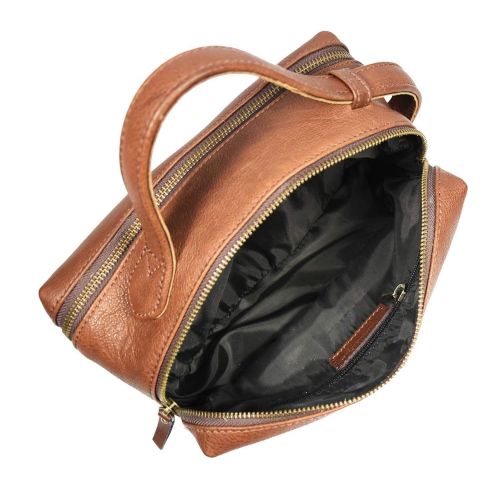  AARON LEATHER GOODS VENDIMIA ESTILO Leather Toiletry Bag for Men Dual Zipper with Handle and 2 Compartment (Caramel)