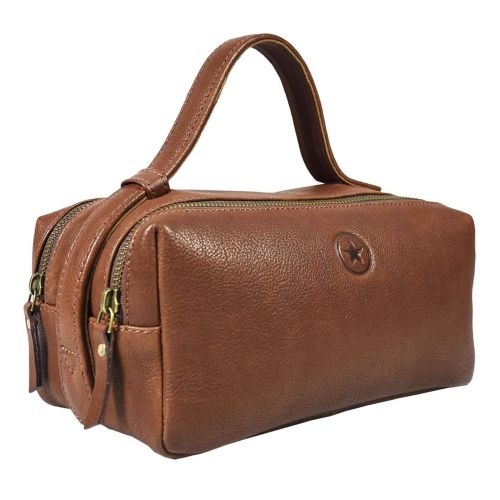  AARON LEATHER GOODS VENDIMIA ESTILO Leather Toiletry Bag for Men Dual Zipper with Handle and 2 Compartment (Caramel)