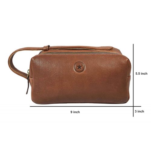  AARON LEATHER GOODS VENDIMIA ESTILO Leather Toiletry Bag for Men Dual Zipper with Handle and 2 Compartment (Caramel)