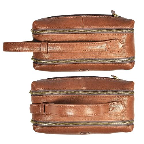  AARON LEATHER GOODS VENDIMIA ESTILO Leather Toiletry Bag for Men Dual Zipper with Handle and 2 Compartment (Caramel)