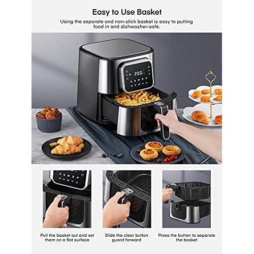  AAUU Hot Air Fryer 5.5 L XXL, Stainless Steel Airfryer, 8 Programmes, Easy Cleaning, No Oil, LED Touch Screen, 40+ Recipe, Silver, 1700 W with Hot Air