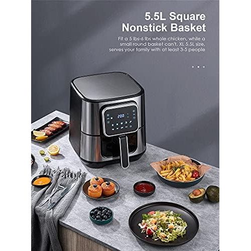  AAUU Hot Air Fryer 5.5 L XXL, Stainless Steel Airfryer, 8 Programmes, Easy Cleaning, No Oil, LED Touch Screen, 40+ Recipe, Silver, 1700 W with Hot Air