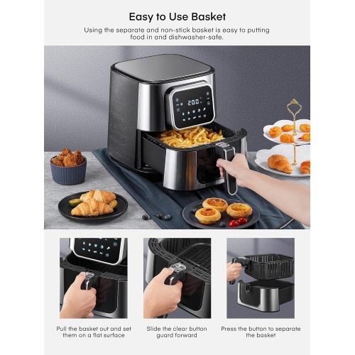  AAUU Hot Air Fryer 5.5 L XXL, Stainless Steel Airfryer, 8 Programmes, Easy Cleaning, No Oil, LED Touch Screen, 40+ Recipe, Silver, 1700 W with Hot Air