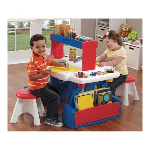  AB-Land Kids Table and Two Stools, Sturdy Desk, Molded in Storage Tray, Wooden Shelf, Lower Side Support, Playroom, Kids Activity, Bundle with Our Expert Guide with Tips for Home Arrangeme