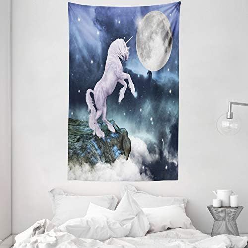  Marke: ABAKUHAUS ABAKUHAUS Mond Wandteppich und Tagesdecke 80 er Jahre Sci Fi Bild Einhorn UEber den Wolken Fatasievolle Surreale Illustrationaus Weiches Mikrofaser Stoff 140 x 230 cm Klare Farben L