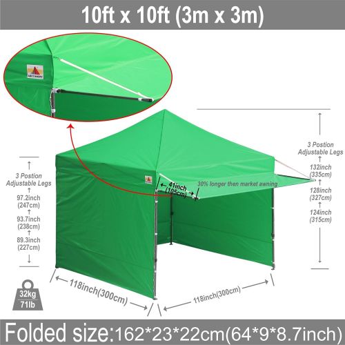  ABCCANOPY 10x10 Pop up Canopy Tent Instant Shelter Commercial Portable Market Canopy with 4 Removable Zipper End Side Walls & Wheeled Bag, Bonus 4 Sand Bags & 23 Square Feet of Awn