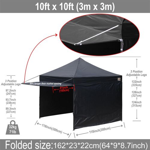  ABCCANOPY 10x10 Pop up Canopy Tent Instant Shelter Commercial Portable Market Canopy with 4 Removable Zipper End Side Walls & Wheeled Bag, Bonus 4 Sand Bags & 23 Square Feet of Awn