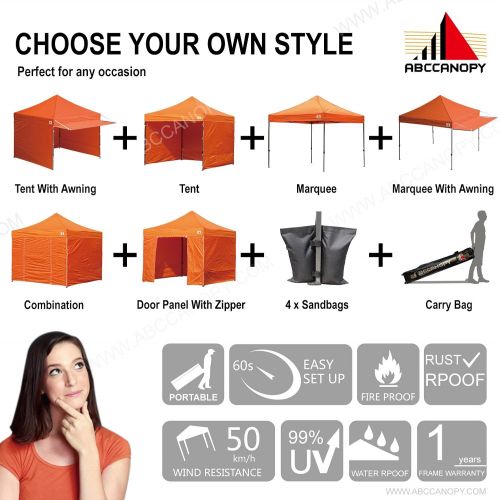  ABCCANOPY 10x10 Pop up Canopy Tent Instant Shelter Commercial Portable Market Canopy with 4 Removable Zipper End Side Walls & Wheeled Bag, Bonus 4 Sand Bags & 23 Square Feet of Awn