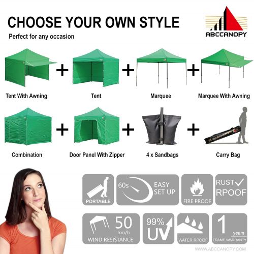  ABCCANOPY 10x10 Pop up Canopy Tent Instant Shelter Commercial Portable Market Canopy with 4 Removable Zipper End Side Walls & Wheeled Bag, Bonus 4 Sand Bags & 23 Square Feet of Awn