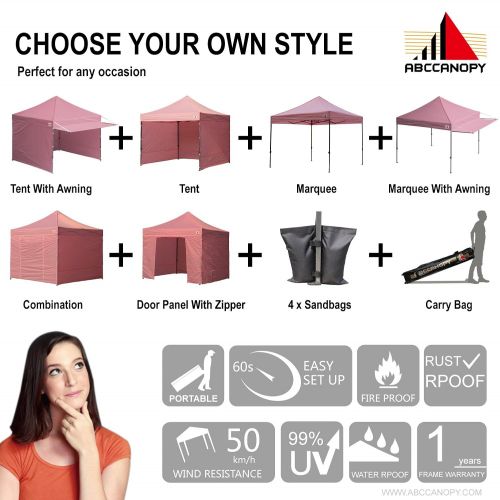  ABCCANOPY 10x10 Pop up Canopy Tent Instant Shelter Commercial Portable Market Canopy with 4 Removable Zipper End Side Walls & Wheeled Bag, Bonus 4 Sand Bags & 23 Square Feet of Awn