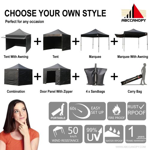  ABCCANOPY 10x10 Pop up Canopy Tent Instant Shelter Commercial Portable Market Canopy with 4 Removable Zipper End Side Walls & Wheeled Bag, Bonus 4 Sand Bags & 23 Square Feet of Awn