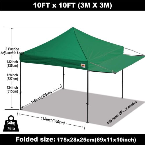  ABCCANOPY 10x10 Pop up Canopy Tent Instant Shelter Commercial Portable Market Canopy with 4 Removable Zipper End Side Walls & Wheeled Bag, Bonus 4 Sand Bags & 23 Square Feet of Awn