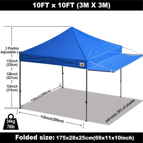  ABCCANOPY 10x10 Pop up Canopy Tent Instant Shelter Commercial Portable Market Canopy with 4 Removable Zipper End Side Walls & Wheeled Bag, Bonus 4 Sand Bags & 23 Square Feet of Awn