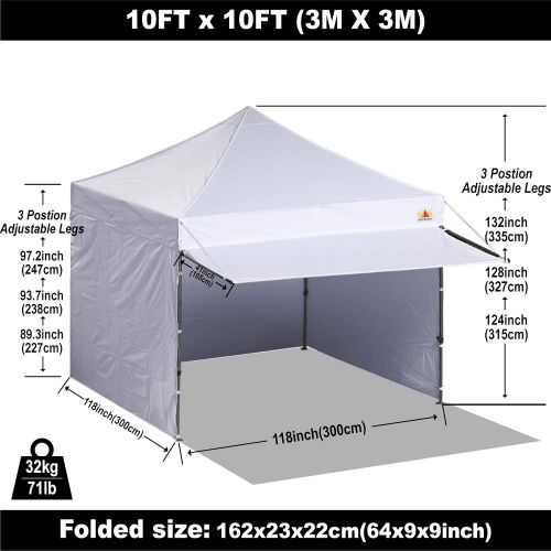  ABCCANOPY 10x10 Pop up Canopy Tent Instant Shelter Commercial Portable Market Canopy with 4 Removable Zipper End Side Walls & Wheeled Bag, Bonus 4 Sand Bags & 23 Square Feet of Awn