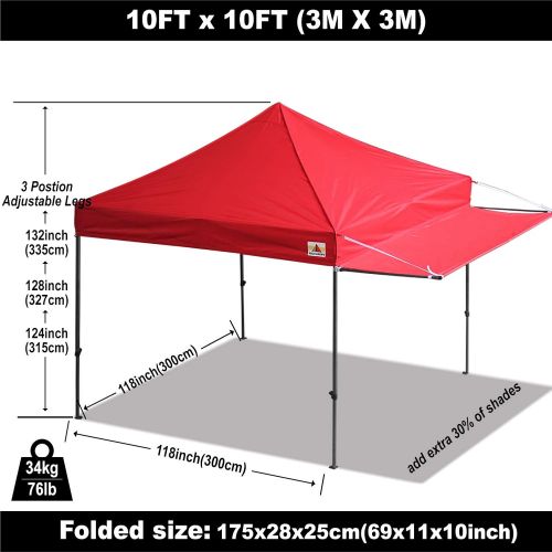  ABCCANOPY 10x10 Pop up Canopy Tent Instant Shelter Commercial Portable Market Canopy with 4 Removable Zipper End Side Walls & Wheeled Bag, Bonus 4 Sand Bags & 23 Square Feet of Awn