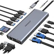 USB C Docking Station Dual Monitor for Dell/HP/Lenovo/Surface Laptop, 14 in 1 Triple Display Hub Multiple Adapter, Dongle with 2 HDMI 4K+VGA+5 Port+100W PD Charger+Ethernet+SD/TF+Audio