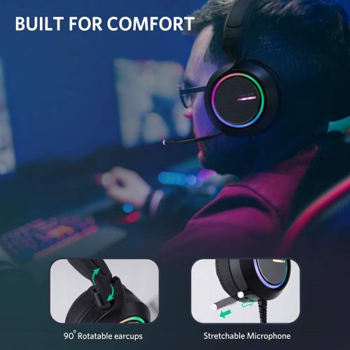  ABKONCORE B1000R Gaming Headset with True 5.2 Surround Sound for PC, Laptop, USB Headset with Noise-Cancelling Microphone, Gaming Headphones with Bass Vibration, RGB LED Light, in-