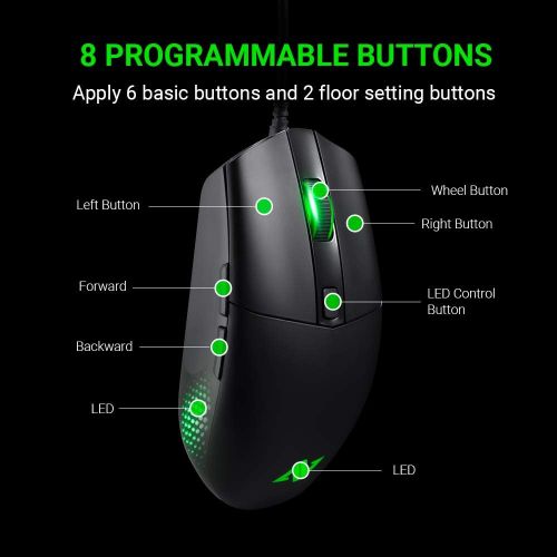  ABKONCORE A660 Gaming Mouse Wired, [10000 DPI] Computer Mice for Laptop with 8 Programmable Buttons, RGB Backlight, Adjustable DPI, Comfortable Grip Mice for Laptop, PC, Mac,Window