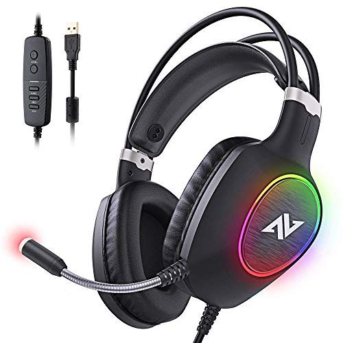 ABKONCORE Gaming Headset with Noise-canceling Microphone, Lightweight PS4 Headset with 50mm Speaker Driver, Cool RGB LED Light, Gaming Headphone with Pressure-Relieving Ear Cushion