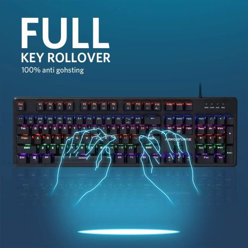  ABKONCORE 100% Mechanical Hot Swappable Gaming Keyboard K595, Full Key Rollover Wired USB Rainbow LED Backlit, 104 Keys Splash-Proof GTMX Blue Switches for Gaming, Work, Home, Offi