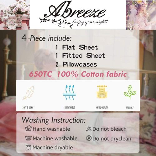  Abreeze King Bed Floral Pink Fitted Sheet Luxury Bedding,Girls Bedding, 4-Piece