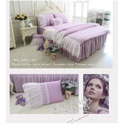  Abreeze 100% Cotton 4pc Elegant Princess Girls Fairy Bedding Sets European Rural Style Bed Skirt Lace Flouncing Duvet Cover Set Twin Purple