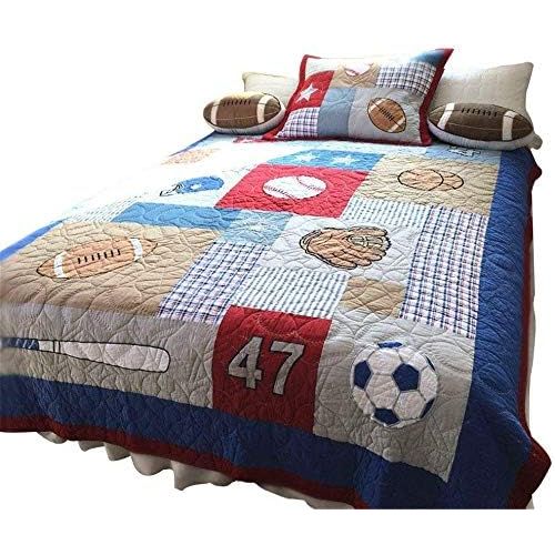  Abreeze 100% Cotton Plaid Striped Quilt Football Comforter Childrens Bedspread Set for Boys Girls Baseball Bedspreads Kids Bedding, Twin Size